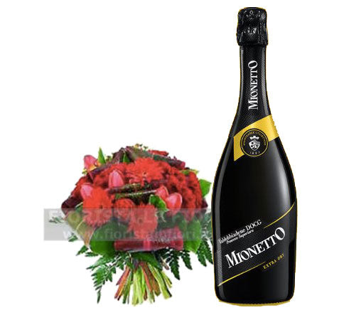Bouquet of 12 roses and bottle of champagne for the anniversary