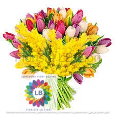 Bouquet of mixed tulips and mimosa